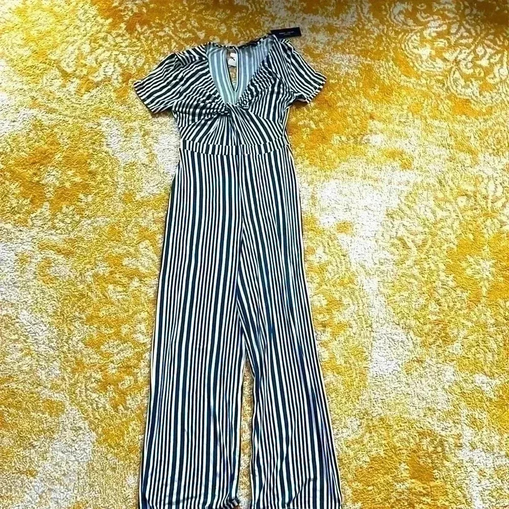 Romeo and Juliet Couture striped tie, front elastic jumpsuit small NWT